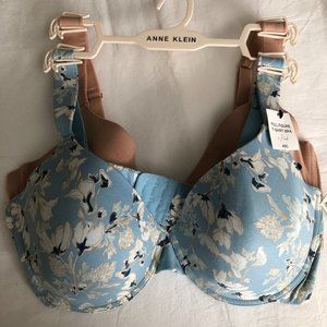 Anne Klein Blue Floral and Beige Bra Set 40C FULL FIGURE T-SHIRT BRA 2-PACK